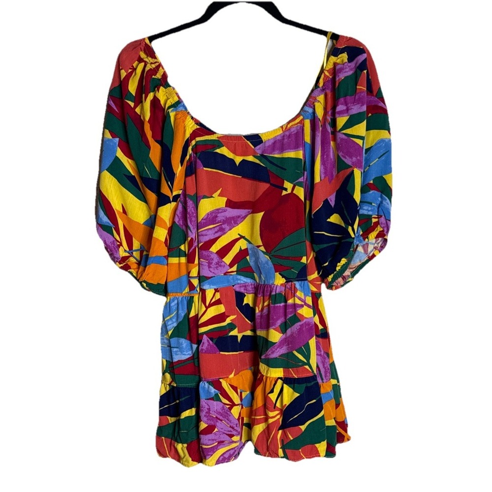 Terra Sky Womens 1X Multicolor Tropical‎ Print Puff Sleeves Babydoll Tunic Top